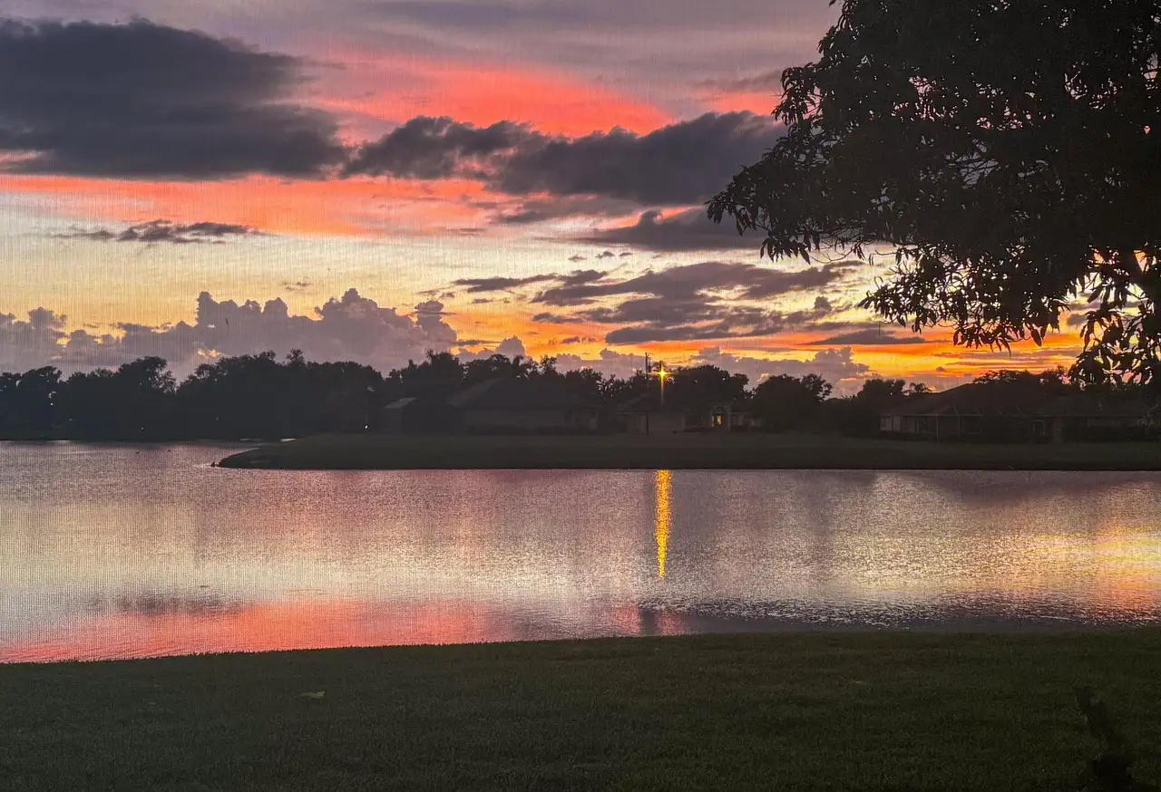 Sunset over a calm Florida lake with trees on the far shore
