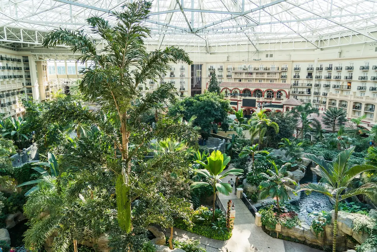 A glass-roofed hotel atrium near Orlando with palm trees and a garden pond, ringed by floors of room balconies