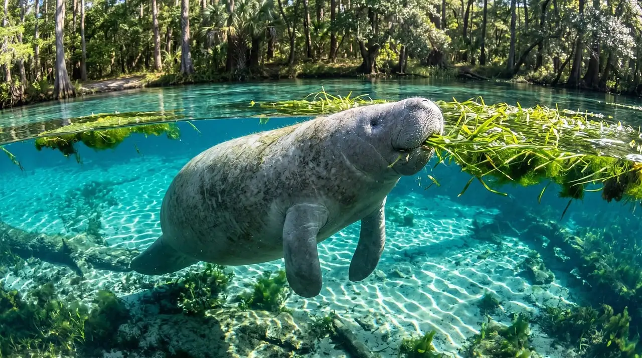 A manatee in a clear spring, with water plants and trees on the bank