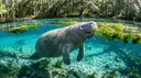 A manatee in a clear spring, with water plants and trees on the bank