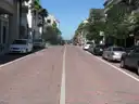 A brick street in Orlando lined with palm trees, shops and parked cars