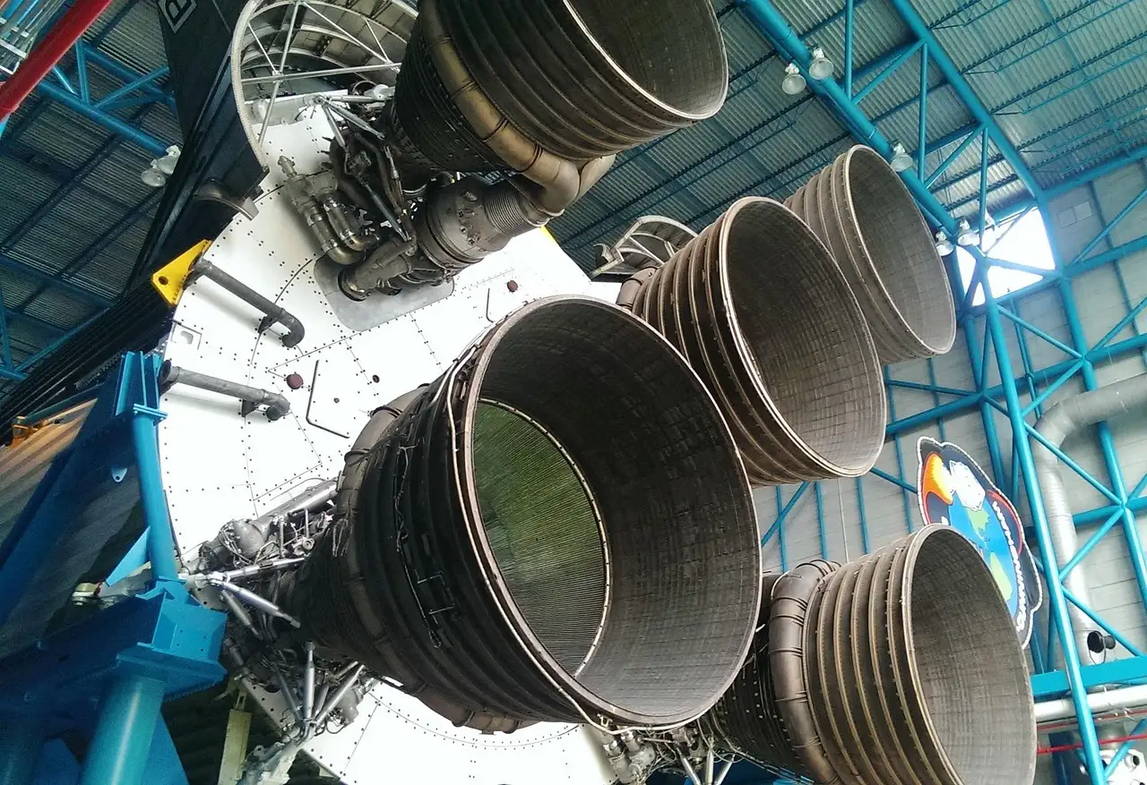 The giant engine nozzles of a Saturn V rocket in a hall at Kennedy Space Center